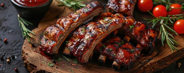 Wall Mural - Close-up of delicious, grilled BBQ ribs garnished with fresh rosemary and served with cherry tomatoes on a rustic wooden board.