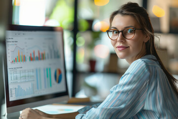 A portrait of a confident businesswoman accountant working on a computer at her desk, analyzing company finances with tables and charts in the office while looking at the monitor.