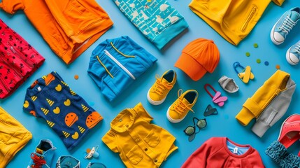 a top views of clothing and accessories for a life on blue background