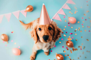 Wall Mural - A cute puppy wearing a party hat surrounded by balloons and confetti. The background is a light blue color