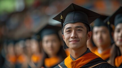A graduating student in a cap and gown with a proud smile stands amidst fellow graduates, capturing the celebratory atmosphere and sense of achievement characteristic of graduation ceremonies.