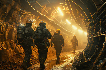 Miners in the tunnel, coal industry exploration, man with hardhat in dark environment.