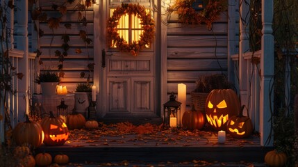 Wall Mural - A front porch decorated for halloween with pumpkins and candles