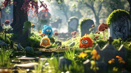 Wall Mural - A group of little monsters in a graveyard