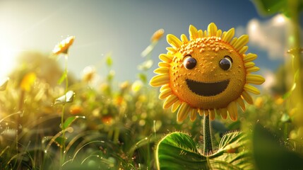 Wall Mural - A sunflower with a smiley face in a field
