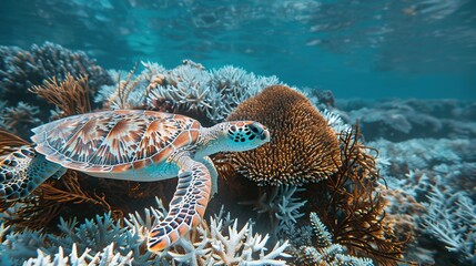Sea Turtle Gracefully Navigating Coral Reef