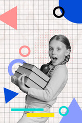 Poster - Vertical photo collage of astonished schoolgirl hold book stack carry library apple fruit education isolated on painted background