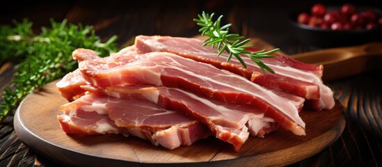 Aufkleber - Fresh bacon slices, a delicious pork product, displayed on a rustic table with a food background, suitable for appetizers or meals, in a top view with copy space image.