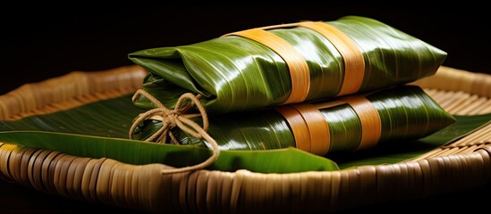 Aufkleber - Banana leaf wrapping food, featured on a bamboo container, like in Asian countries, with a copy space image.