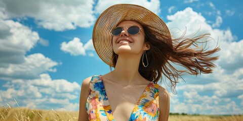 woman model wearing colorful sundress, light and airy, windy day, hat, sunglasses, hair blowing in the wind