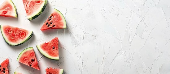 Wall Mural - Scandinavian-styled flat lay featuring fresh watermelon slices on a white table with copy space for blogs or recipe books embodying a minimalistic summer fruit theme.