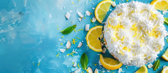 Poster - A homemade cake with lemon and coconut on a blue background, featuring copy space for text with a selective focus image.