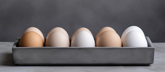 Fototapete - A plastic tray with chicken eggs is displayed on a grey concrete table, with ample copy space image available.