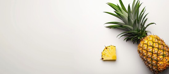 Wall Mural - Ripe pineapple with green leaves seen from above against a white backdrop, offering ample copy space image.