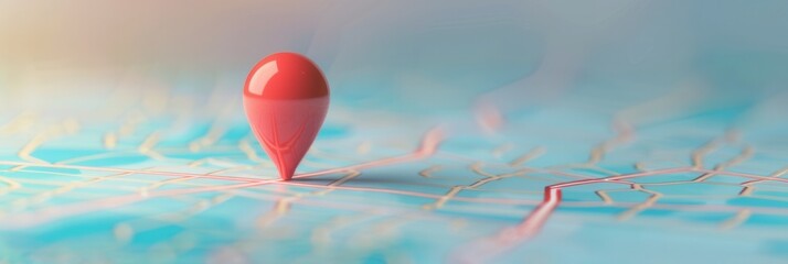 Fototapete - A single red location pin stands tall on a sleek, minimalistic map, perfect for navigation apps and travel services. Generative AI