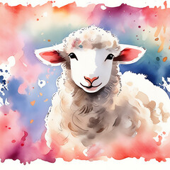 Sticker - watercolor background with playful baby lamb border