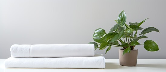 Wall Mural - A white table with clean white towels, a houseplant, and space for additional design or text in the image.