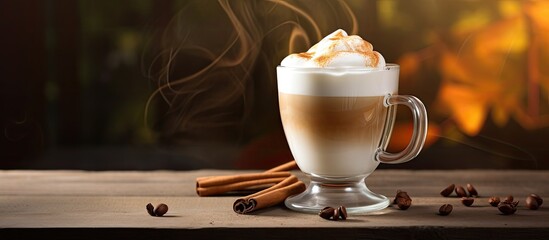Aufkleber - Steaming latte or frothy cappuccino in a glass mug on a rustic wooden table accompanied by date fruits, offering a perfect copy space image.