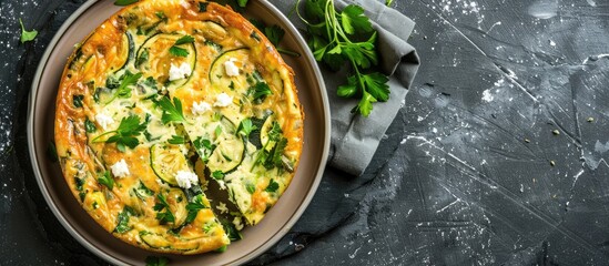 Aufkleber - Italian frittata with zucchini, green herbs, and feta cheese sandwich displayed on a plate, accompanied by a copy space image.