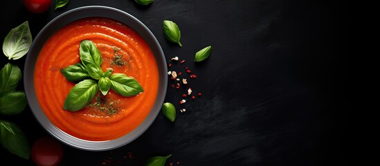 Aufkleber - Top view of a bowl of tomato soup with basil against a dark background, providing ample copy space image.