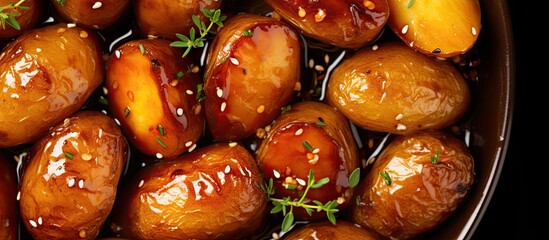 Poster - Bird's eye view of honey-glazed potatoes with a blank area for text or images. with copy space image. Place for adding text or design
