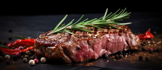 Aufkleber - Close-up image showcasing a steak with rosemary and spices on a dark rustic background, with ample copy space around the main subject.