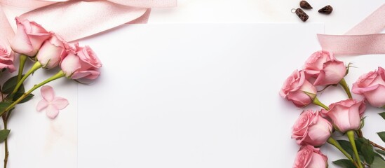 Poster - A mockup featuring a postcard, pink roses, an ink pen, ink, and a ribbon, set on a white background with copy space image.