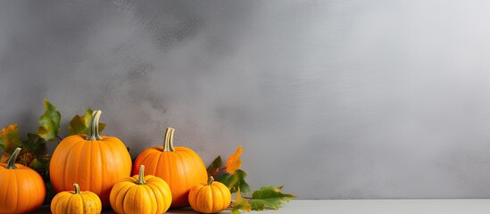 Poster - Orange pumpkins as decorations on a gray backdrop with copy space image.
