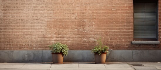 Aufkleber - A brick wall adorned with two closed gray shutters and flowerpots, facing a concrete sidewalk and street, providing a background for a copy space image.
