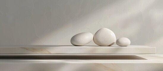Poster - Minimalistic mockup featuring a product podium with three natural-looking stones for showcasing cosmetic products, with ample copy space for promotions.