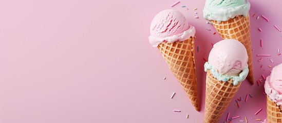 Poster - Bright background featuring pastel ice cream in waffle cones with a copy space image included.