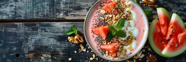 Wall Mural - trendy smoothie bowl filled with a thick, creamy smoothie base and topped with fresh watermelon granola, and toppings