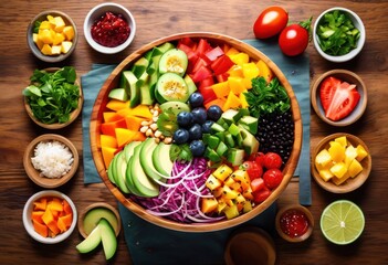 Wall Mural - colorful poke bowl fresh healthy food concept, vibrant, ingredients, meal, delicious, nutrition, tasty, appetizing, cuisine, culinary, dish, gourmet, lunch,