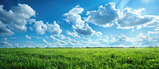 Poster - Scenic green field with fluffy clouds in a clear blue sky in the background of a copy space image.