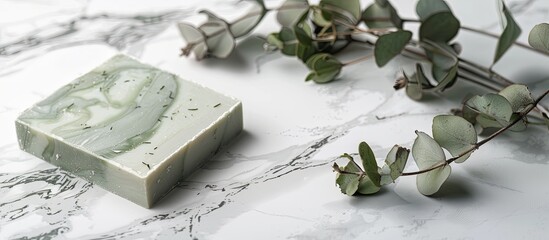Poster - On a white marble table, there is peeling green herbal soap with dried eucalyptus twigs, an empty paper cover nearby, representing bath body care or spa wellness; showcasing a mockup card with