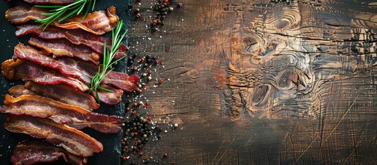 Aufkleber - A rustic top-view image of bacon slices, fresh pork strips, an appetizing meal or snack, ready for cooking, on a table with copy space in the background.