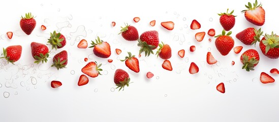 Fototapete - Strawberry pieces on white backdrop with copy space image. Flying fresh natural slices isolated in the air.