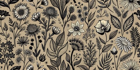 Seamless pattern with black a brush flowers,Hand drawn monochrome ornaments with linear flowers.Geunge floral elements,Ink drawing wild plants, herbs or flowers.organic background.