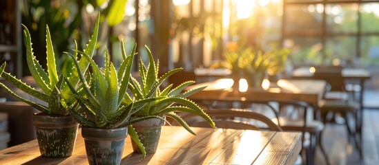 Fototapete - Collection of aloe vera potted plants in a cafe with natural background. . with copy space image. Place for adding text or design