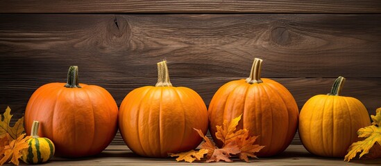 Poster - Autumn harvest of three pumpkins stacked on a wooden backdrop with copy space image.