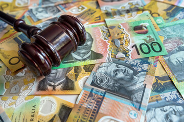 Sticker - gavel with 50 100 new aussie australian money, corruption concept