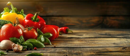 Leinwandbilder - Organic concept portrayed with fresh vegetables displayed on a wooden table with copy space image.