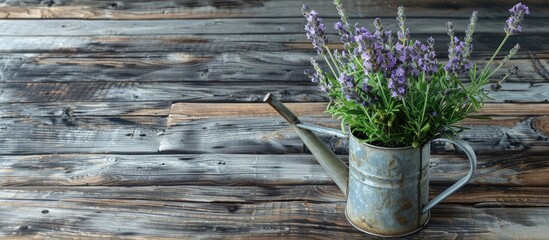 Aufkleber - Copy space image featuring a wooden background with a watering can filled with delicate lavender flowers.