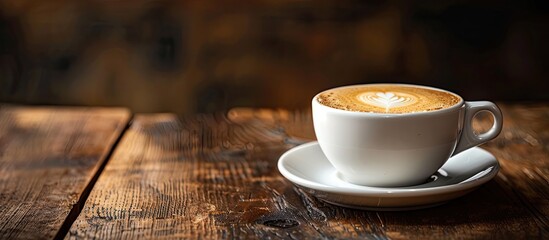Poster - Hot latte or cappuccino served with milk on a wooden table, featuring a dark background and ample copy space image.