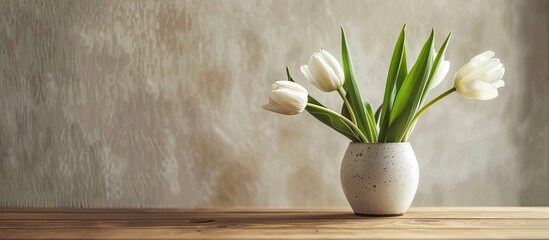 Aufkleber - Two white tulips in the pot on wooden table. with copy space image. Place for adding text or design