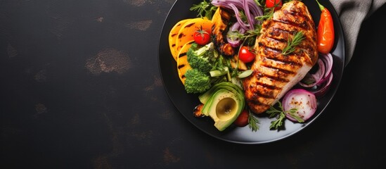 Aufkleber - Top view of a healthy ketogenic lunch menu showcasing grilled chicken breast, fillet, steak, and a fresh vegetable salad with copy space image for customization.