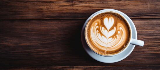 Wall Mural - Top view image of a hot latte with latte art in a white cup on a wooden table, featuring copy space for text.