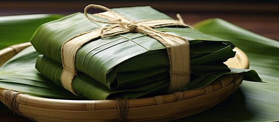 Aufkleber - Banana leaf wrapping food, featured on a bamboo container, like in Asian countries, with a copy space image.