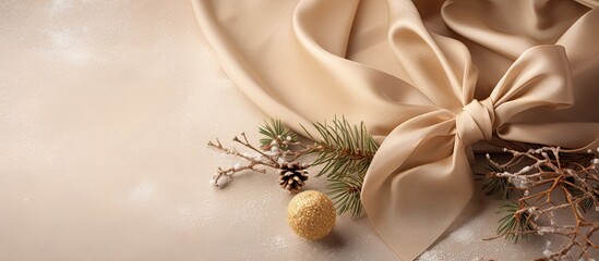 Soft scarf and Christmas gift on beige backdrop with copy space image.