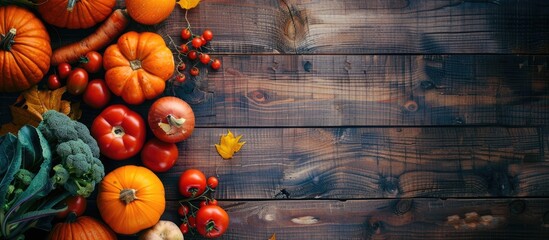 Fresh autumn vegetables arranged on a rustic wooden surface for a flat lay style with a background suitable for adding text or other elements - copy space image.
